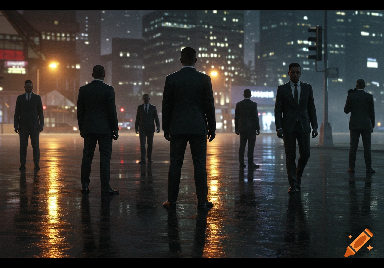 A group of men in dark suits stand on a wet city street at night, with building lights reflecting off the ground.