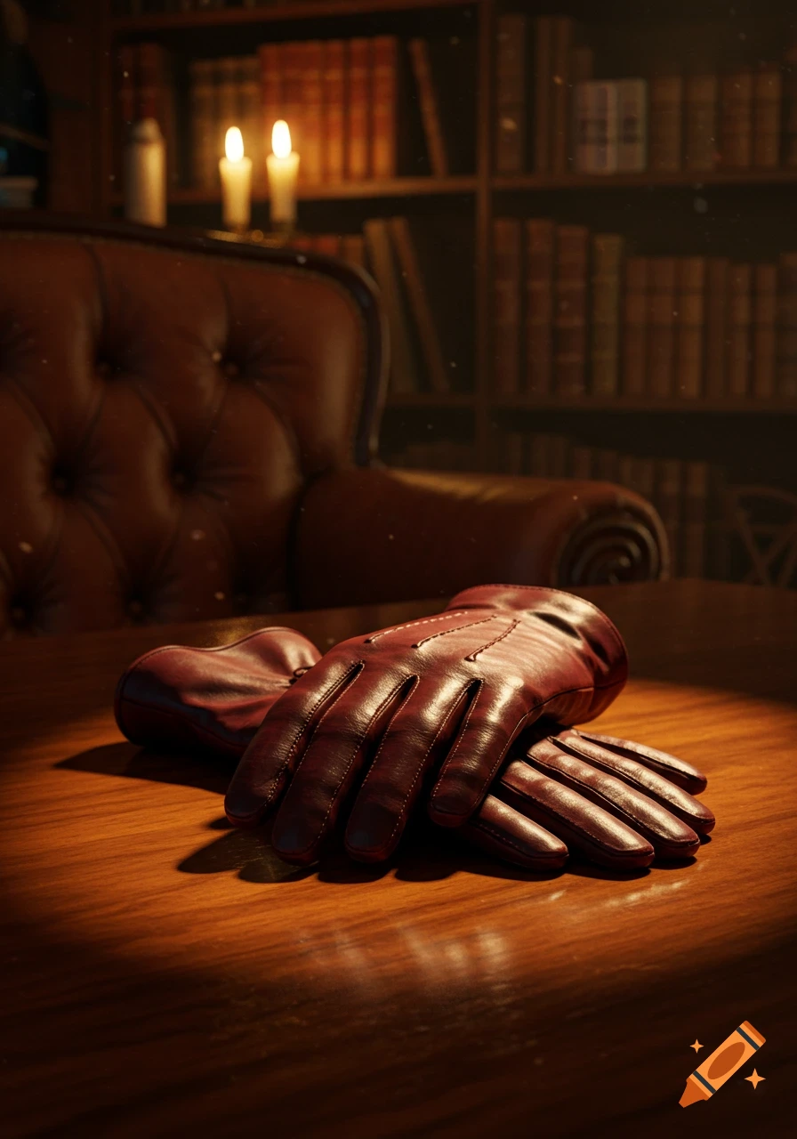 A photorealistic image of a pair of dark red leather gloves resting on a polished wooden desk, with a blurred background of a leather armchair, bookshelves, and two lit candles.