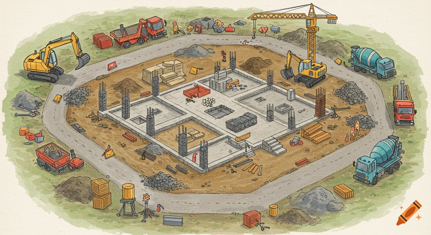 A detailed, colorful, hand-drawn illustration of a bustling construction site with various vehicles like excavators, cranes, and cement mixers surrounding a building foundation.