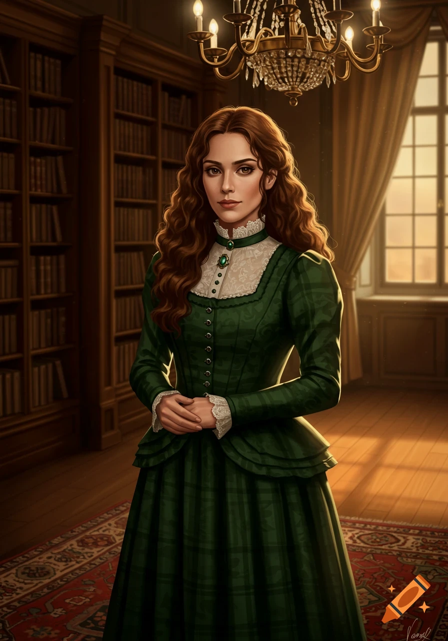A woman with long wavy brown hair, dressed in a green Victorian gown with white lace, stands in a richly furnished library.