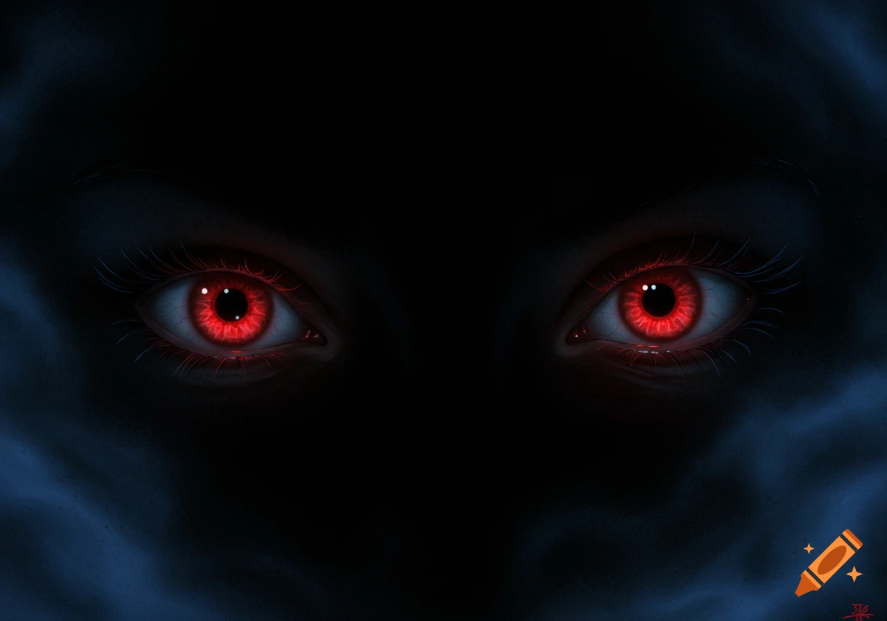A pair of glowing red eyes stare out from a dark, shadowy face, illuminated by a faint blue light.