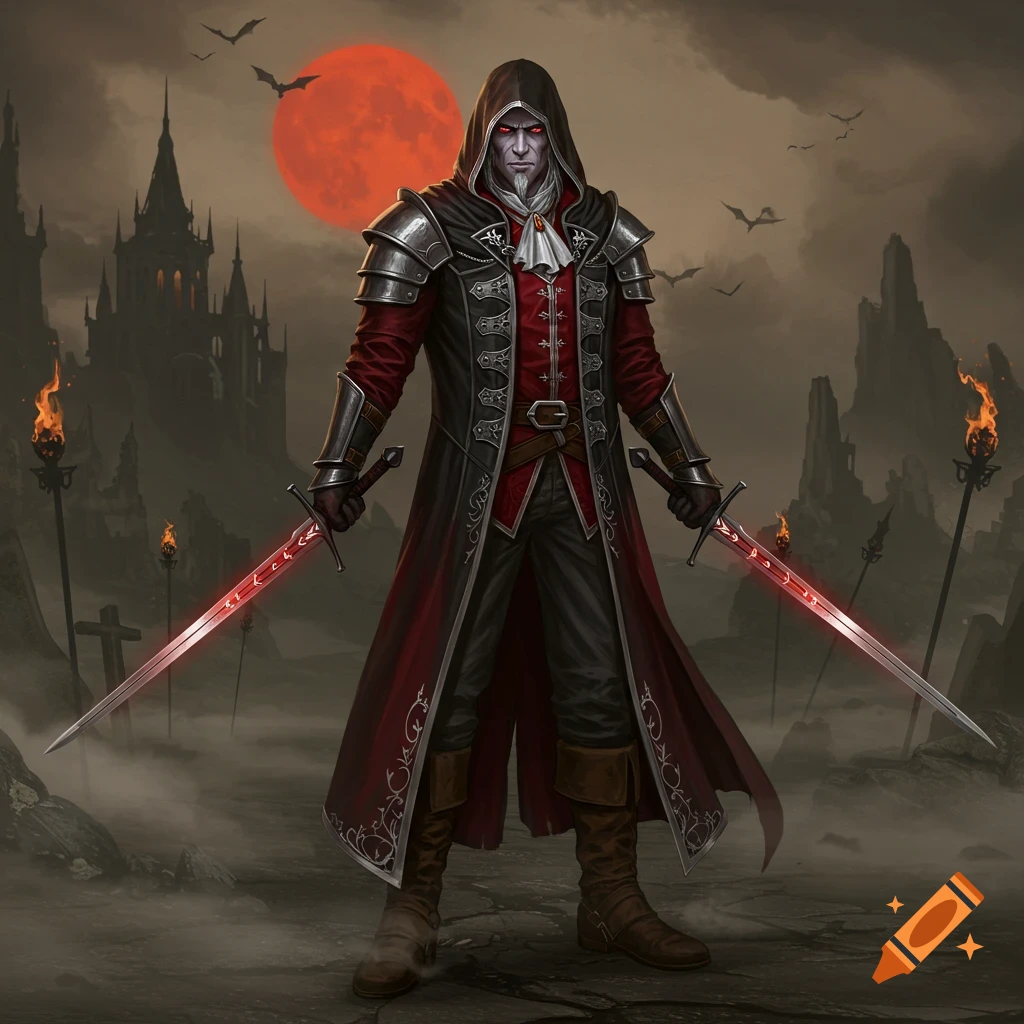 A stoic vampire hunter in a long coat and armor stands with dual glowing red swords, a gothic castle, and a blood-red moon in the background.