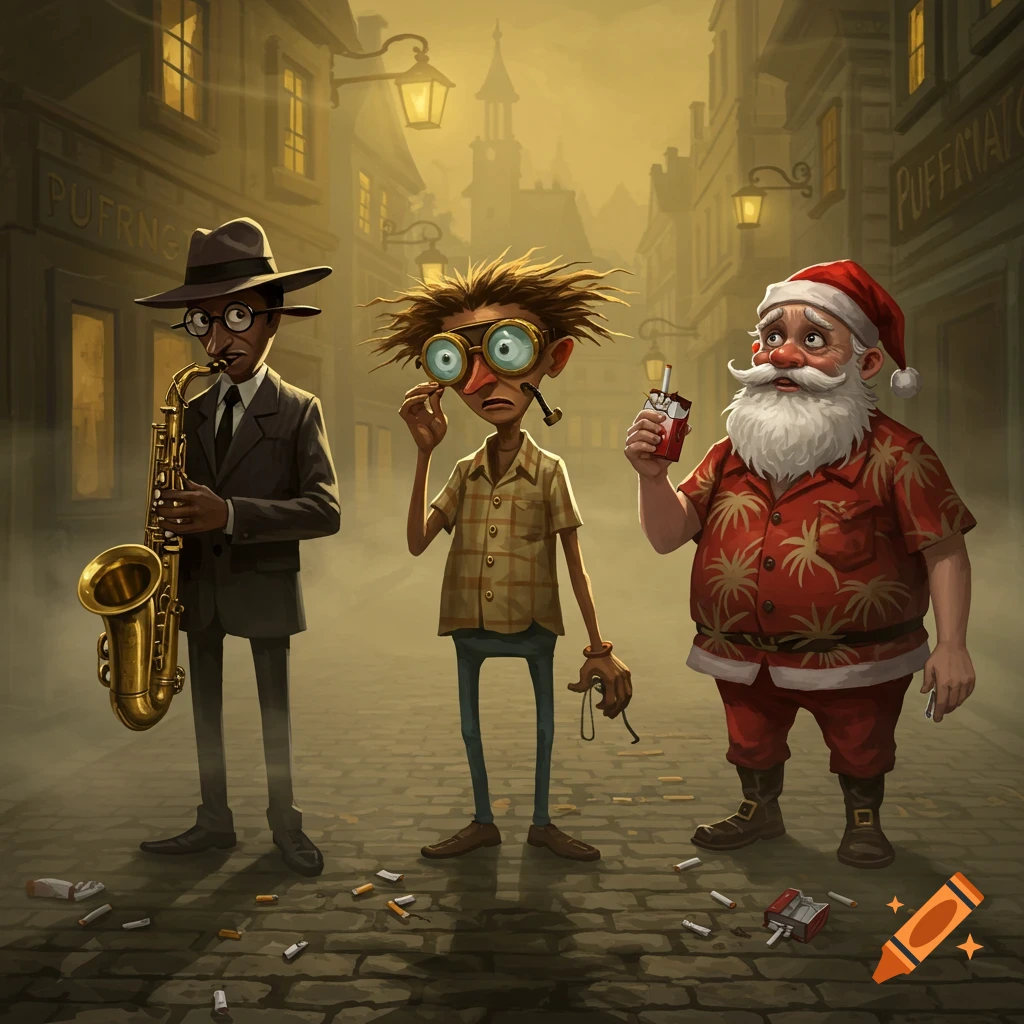 A stylized illustration of three characters—a jazz saxophonist, an eccentric inventor, and Santa Claus in a Hawaiian shirt—standing on a cobblestone street littered with cigarette butts in a foggy town.