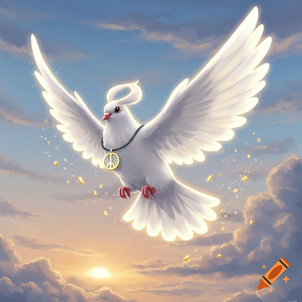 A stylized white dove wearing a peace symbol medallion flies through a bright, cloudy sky at sunset.