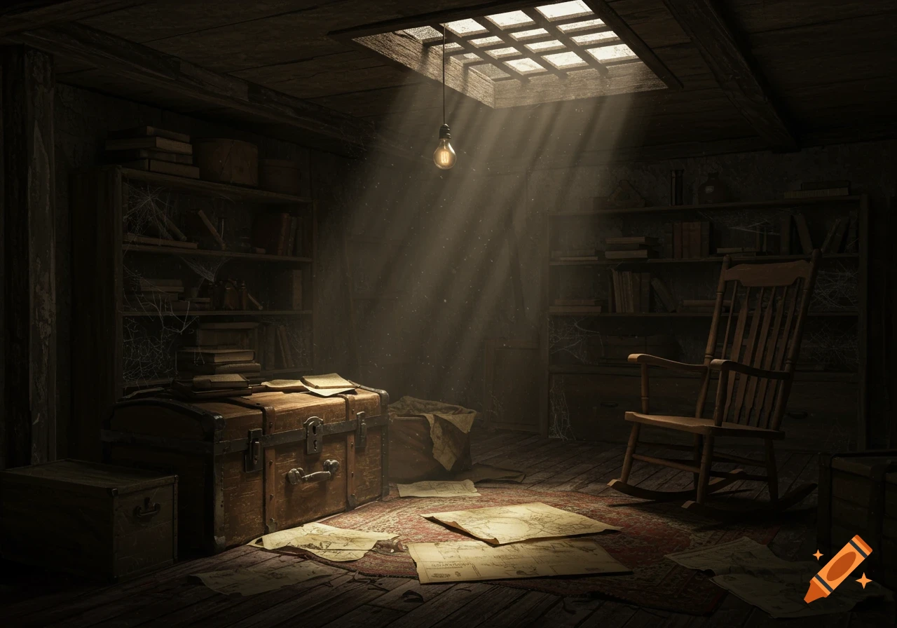 A dusty, sunlit vintage room with bookshelves, a trunk, a rocking chair, and papers on the floor, lit by a skylight.