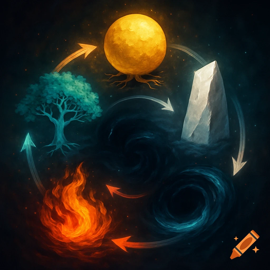 A vibrant illustration of the five elements cycle, showing a yellow sphere, white rock, swirling water, a green tree, and red fire connected by arrows.