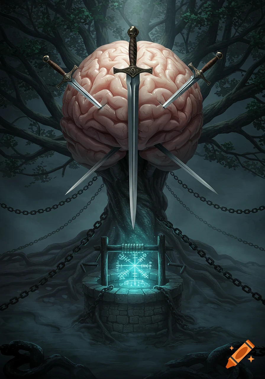 A dark fantasy illustration of a brain pierced by swords, chained to an ancient tree, above a glowing runic well.