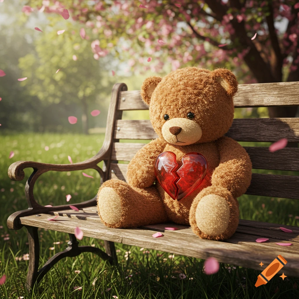 A brown teddy bear sits on a wooden park bench, holding a glowing red broken heart, with pink cherry blossom petals falling around it in a sunny garden.
