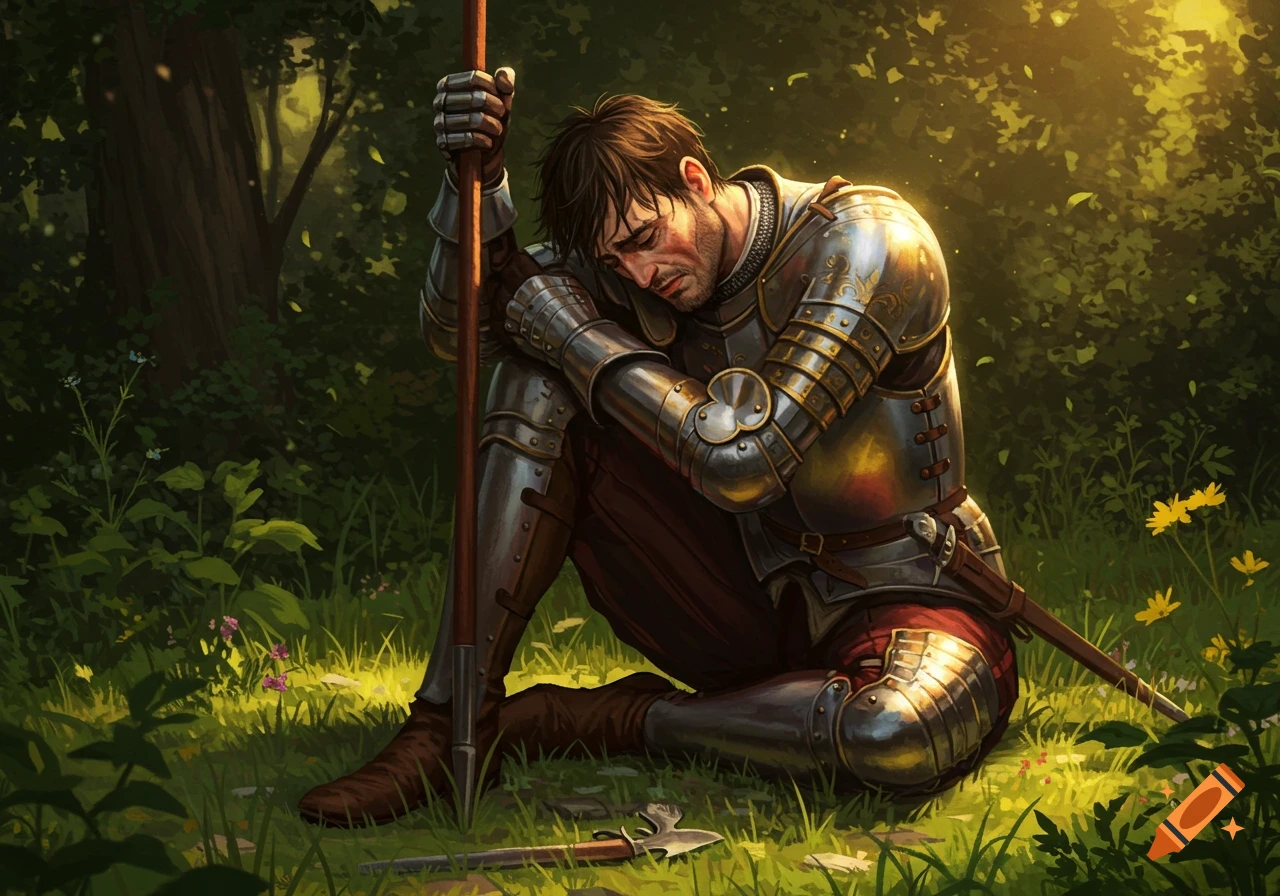 A tired Renaissance knight in full armor sits on the grass in a sunlit forest, leaning on a halberd.
