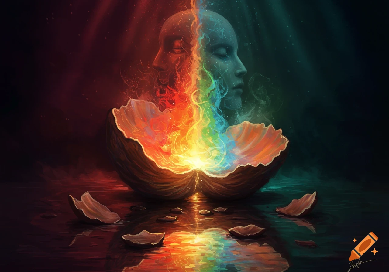 Two merging faces, one red, one blue, gaze over a broken shell erupting with rainbow light, reflected on a dark, calm surface.