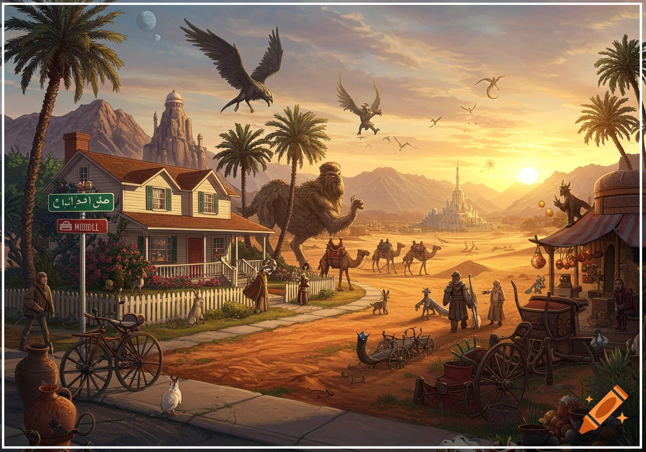 A fantastical desert landscape at sunset featuring a suburban house, palm trees, camels, mythical creatures, people, and ancient-looking cities in the background.