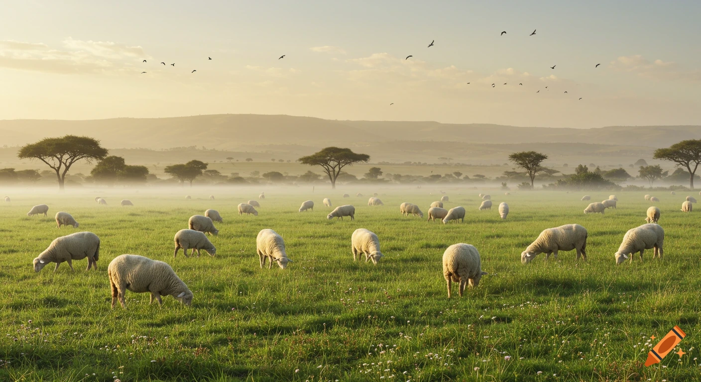 A flock of fluffy sheep grazes in a lush green field bathed in soft golden morning light with distant acacia trees and mountains.