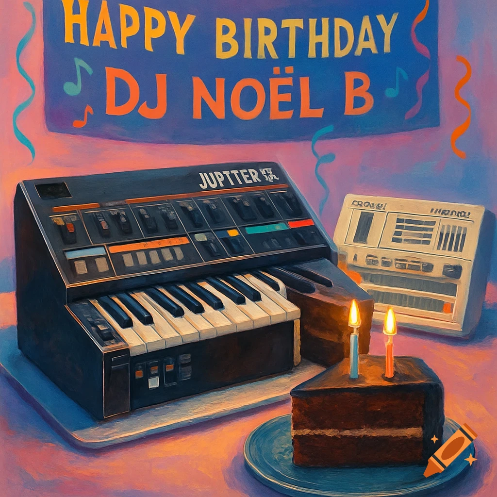 A painted birthday scene with a cake shaped like a Roland Jupiter 6 synth, a slice with candles, a TR-707 cake, and a "Happy Birthday DJ Noël B" banner.