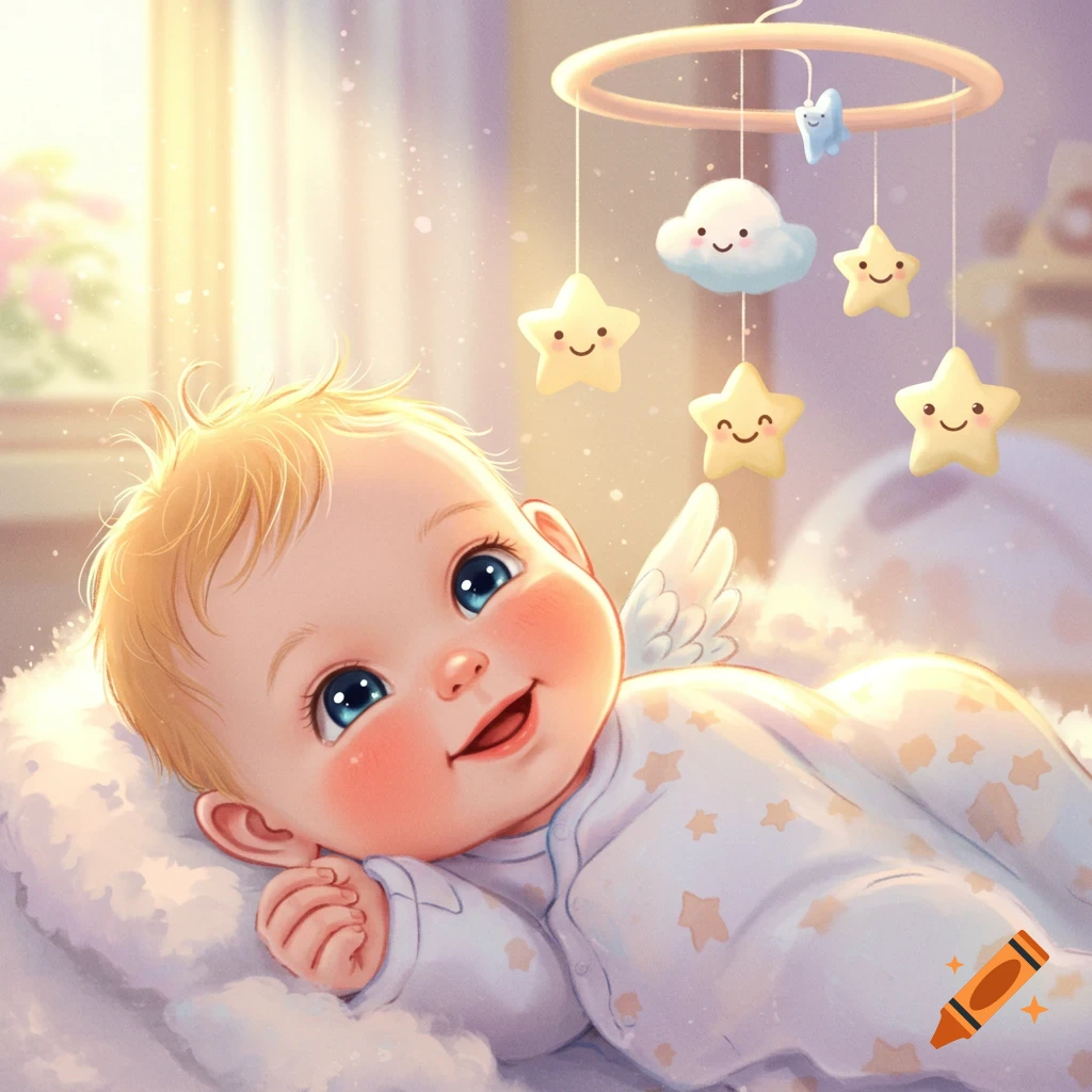 A cute cartoon baby with blue eyes and small wings smiles while looking at a star and cloud mobile.