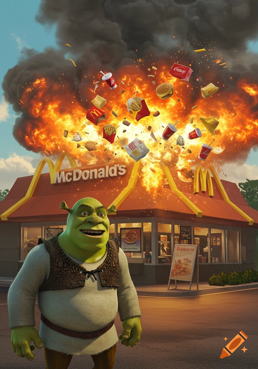 Shrek grins in front of a McDonald's restaurant that is exploding, sending fast food items flying amidst flames and smoke.