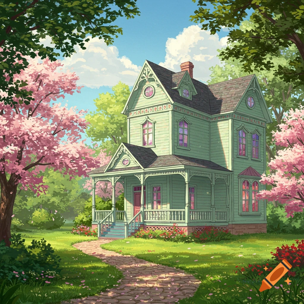 A beautiful anime-style illustration of a light green Victorian house surrounded by pink cherry blossom trees and a garden path.
