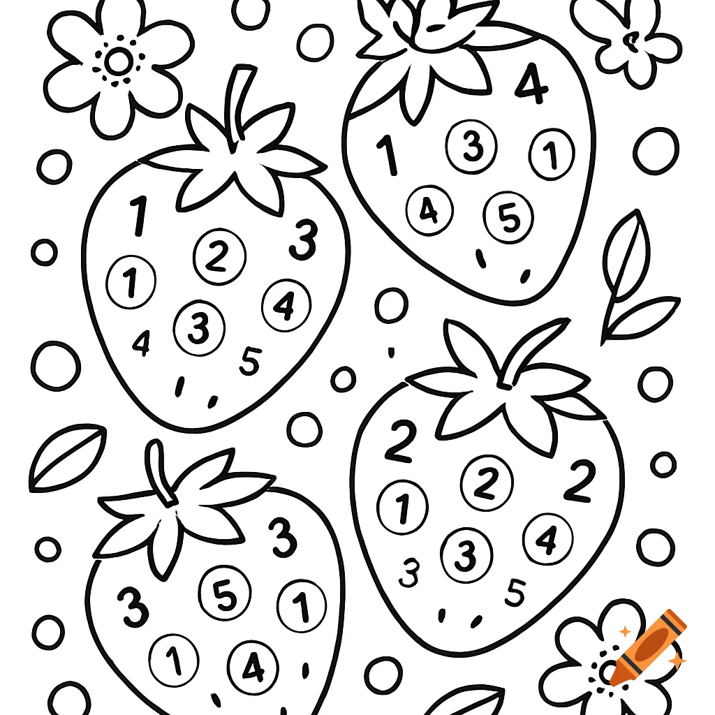 Black and white coloring page featuring four outline strawberries, each containing numbers 1-5, with outline flowers and circles in the background.