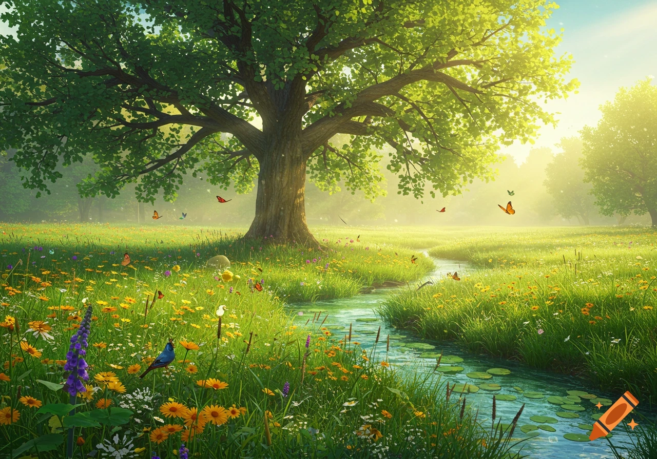 A vibrant, lush green meadow with a large tree, a winding stream, colorful wildflowers, butterflies, and a blue bird under a sunny sky.