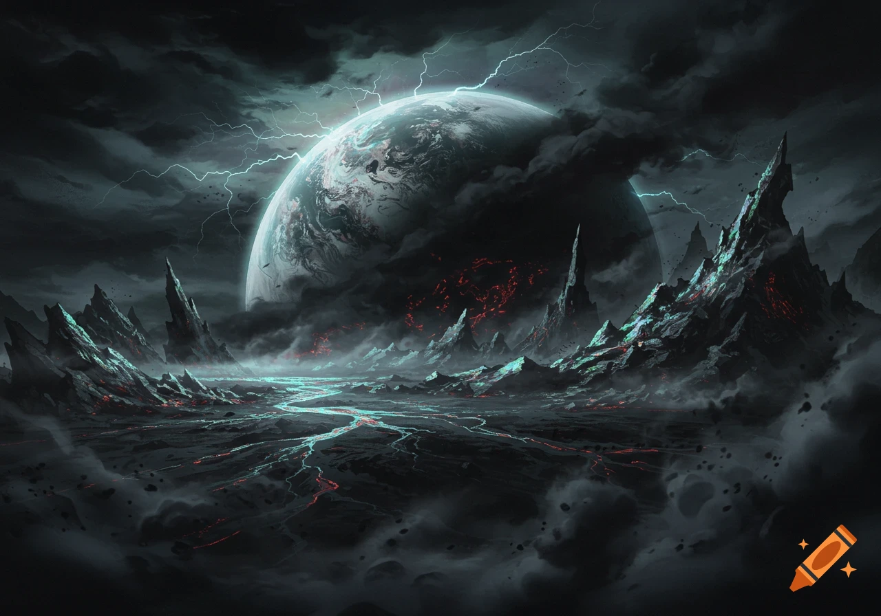 A dark, stormy alien landscape with jagged rocks and glowing streams, beneath a massive planet and lightning-filled sky.