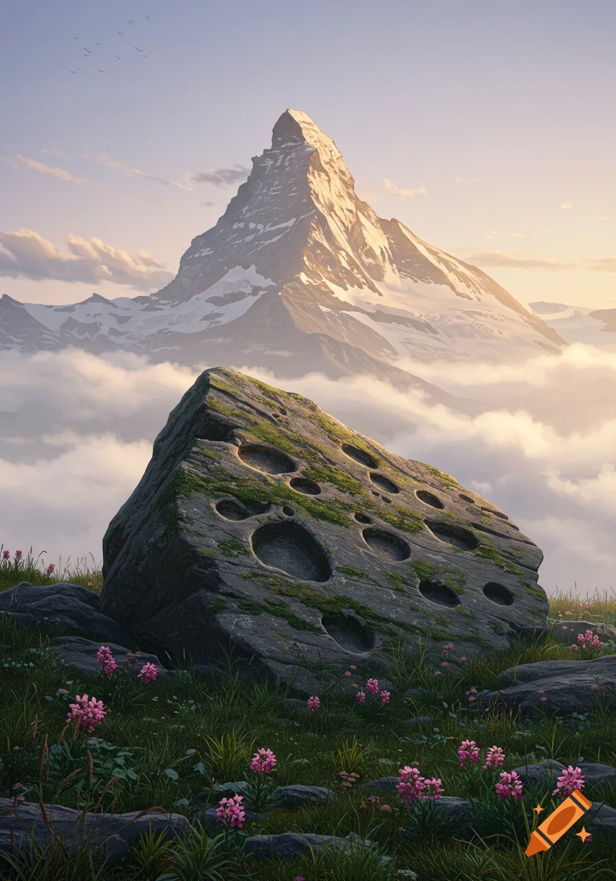 A moss-covered, hole-riddled rock in a grassy field with pink flowers, overlooking a majestic, snow-capped mountain above clouds at sunrise.