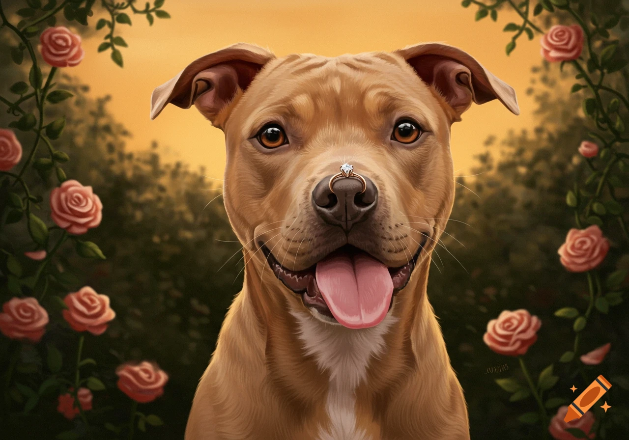 A close-up digital painting of a smiling brown pitbull dog with an engagement ring on its nose, surrounded by pink roses against a golden sky.