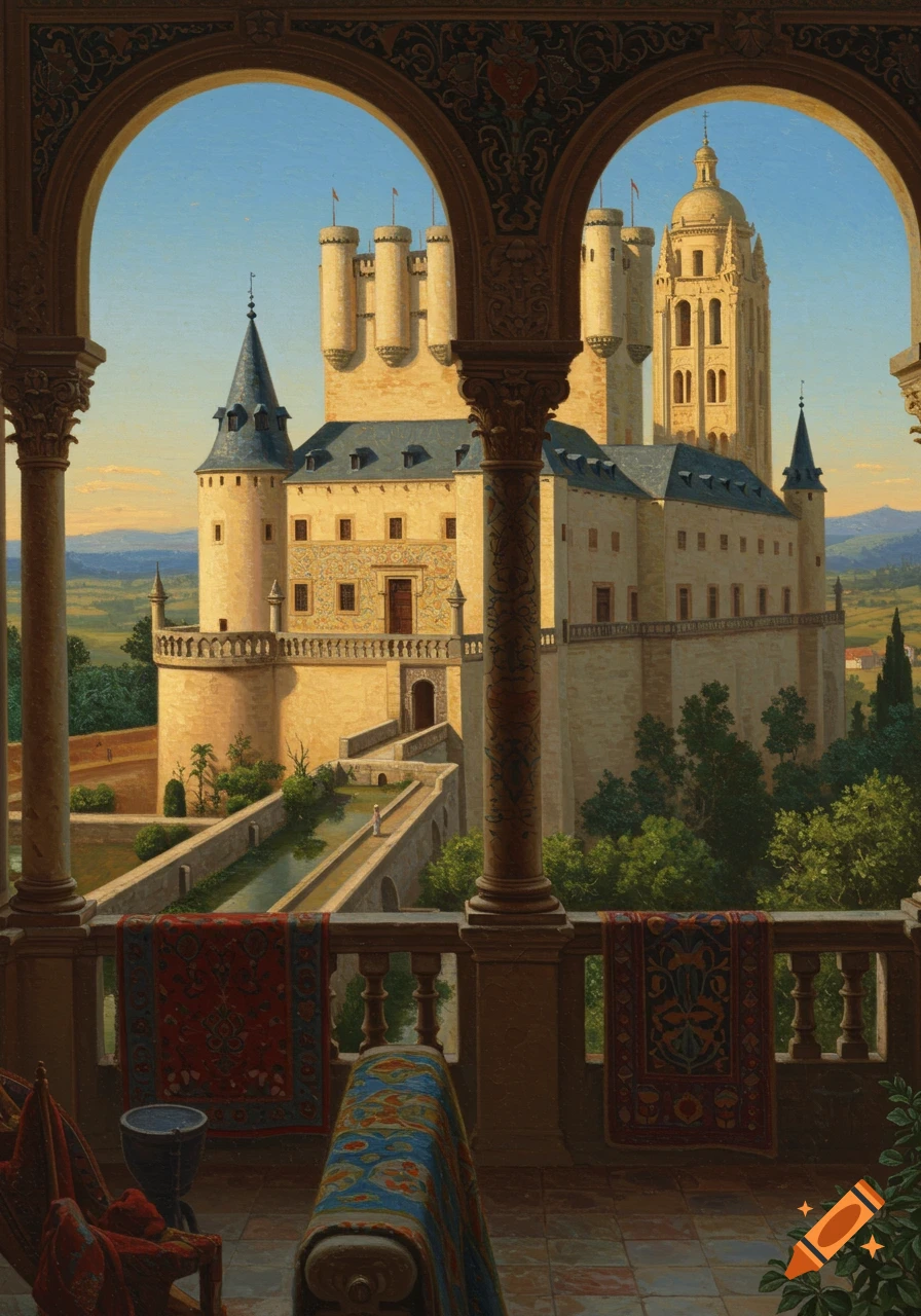 A painting of the Alcazar of Segovia castle, viewed from a richly decorated arched balcony, in the style of Alma-Tadema.