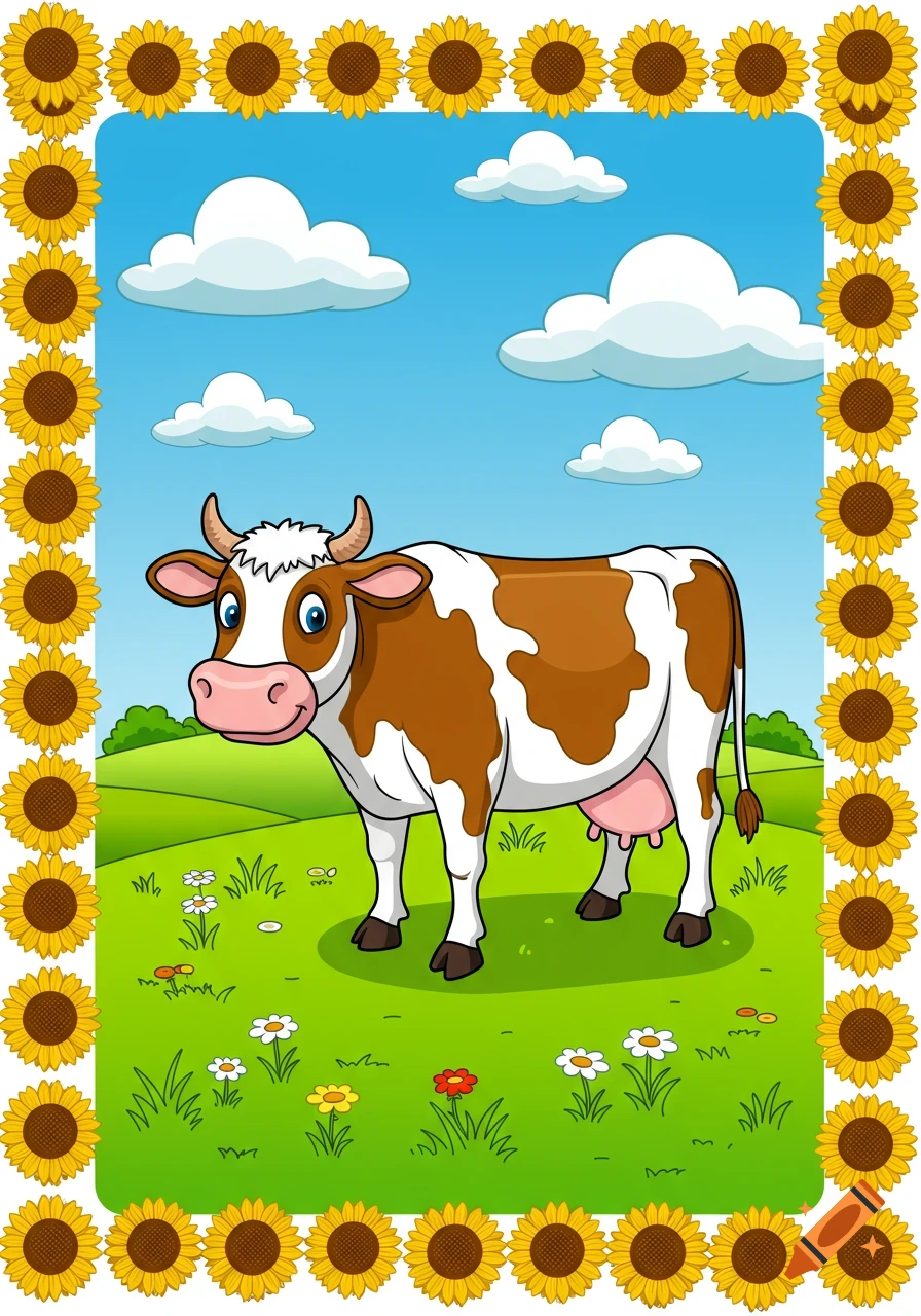 A smiling brown and white cartoon cow stands in a green field under a blue sky, framed by a border of sunflowers.
