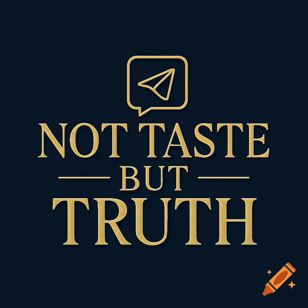 Luxury gold logo on a dark blue background with 'NOT TASTE BUT TRUTH' text and a paper airplane icon in a speech bubble.