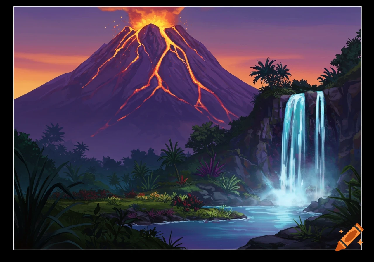 Illustrated purple volcano erupting with magma, a waterfall, and lush tropical foliage under a sunset sky.