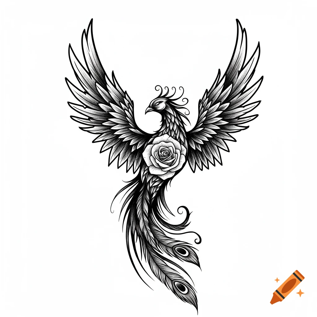 A black and white illustration of a phoenix with its wings spread, featuring a large rose on its chest, styled for a tattoo.
