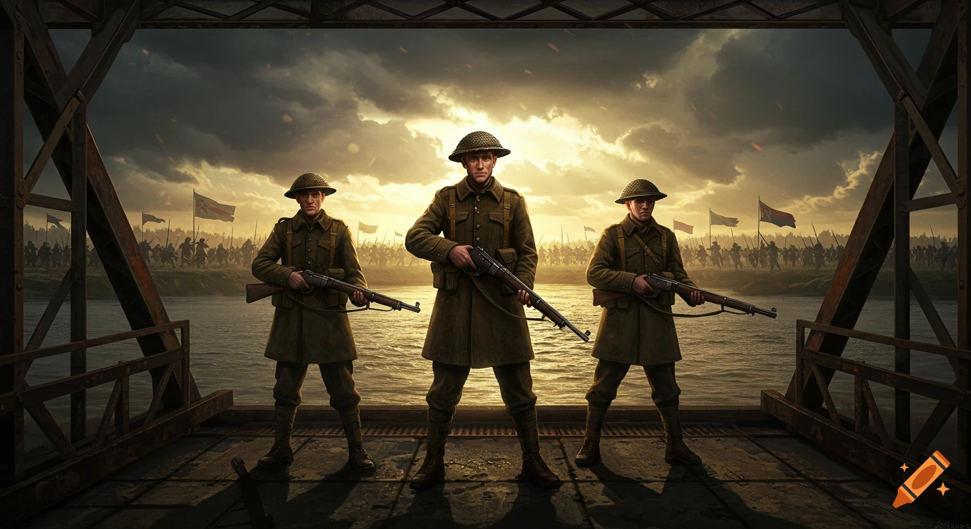 Three soldiers with rifles stand on a metal bridge over a river, facing a large advancing army in the background under a dramatic, cloudy sky.