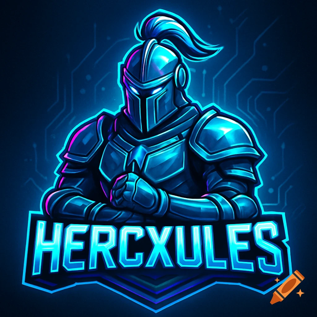 Neon blue and pink esports logo of a knight in armor with the name HERCXULES below.