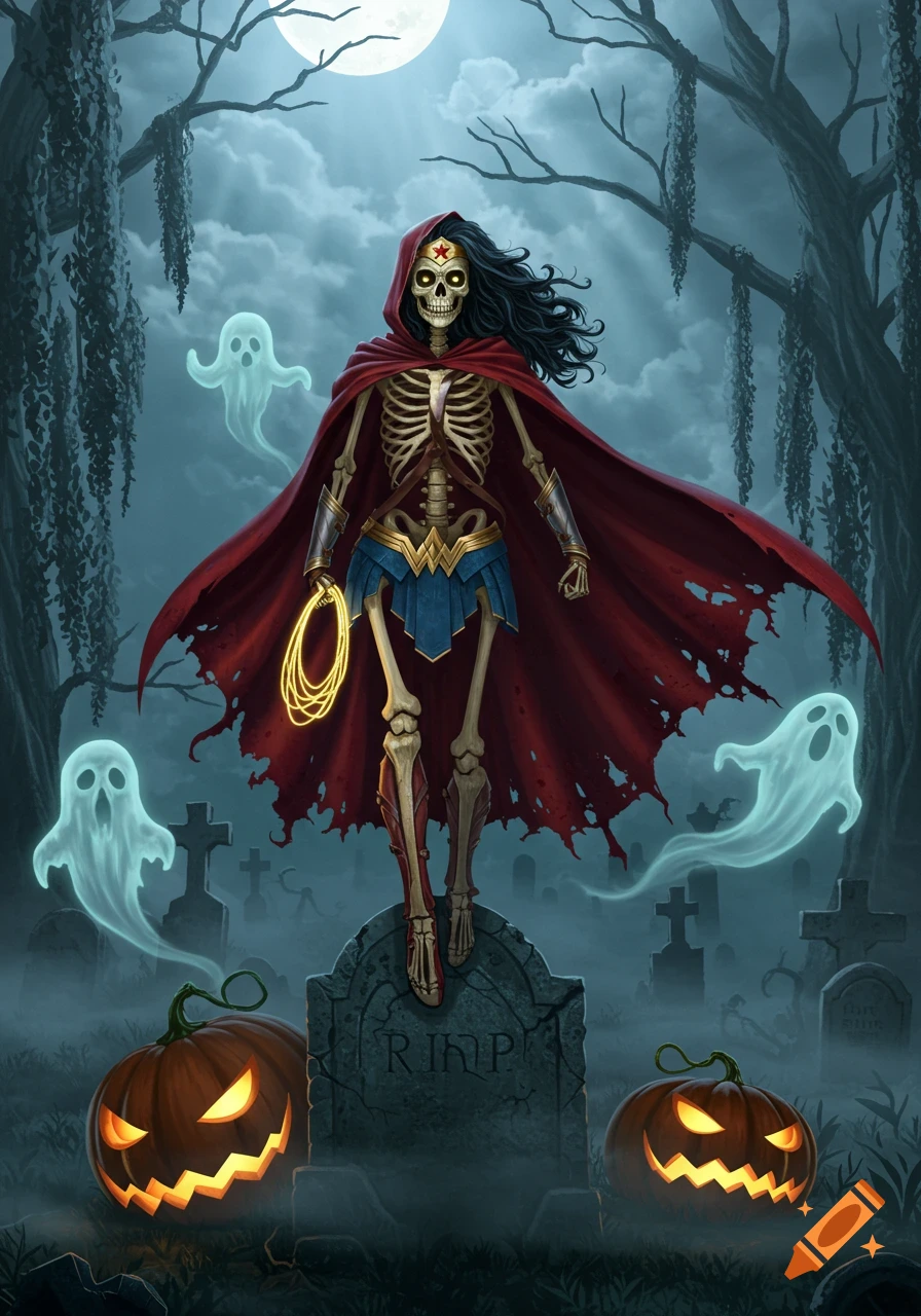 Skeleton Wonder Woman in a spooky graveyard with glowing jack-o'-lanterns, ghosts, and bare trees under a full moon.