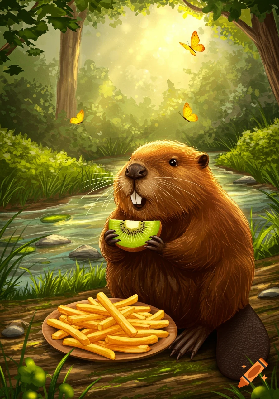 A vibrant illustration of a beaver holding a kiwi slice, with a plate of french fries beside it, in a sunny forest by a stream with butterflies.