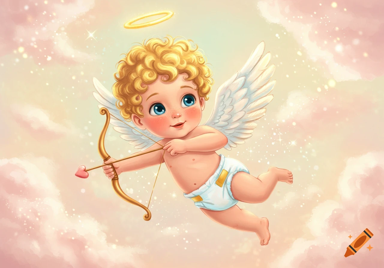 A cartoon baby cupid with blonde curly hair, blue eyes, a halo, and white wings, flying with a bow and arrow against a pink cloudy sky.