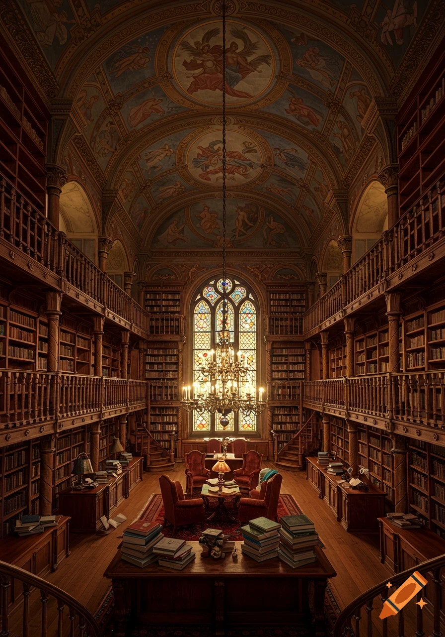 A grand, ornate fantasy Victorian library with tall bookshelves, a large stained-glass window, a chandelier, and armchairs.