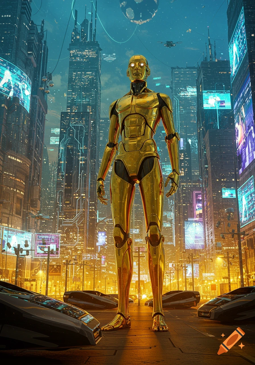 A golden humanoid robot stands prominently in a futuristic cyberpunk city with towering skyscrapers and glowing digital displays.