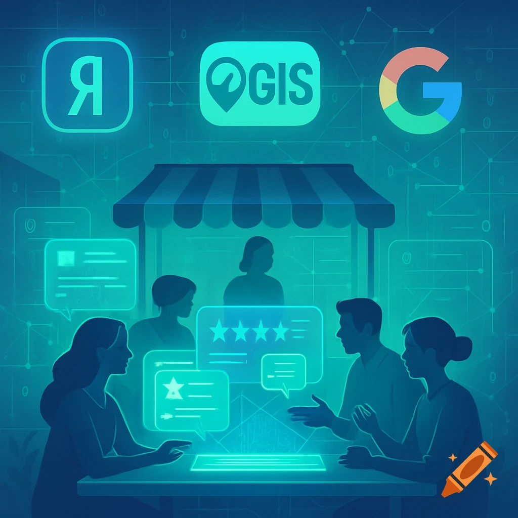 Digital illustration of people discussing online reviews, with logos for Yandex, 2GIS, and Google above a shop awning.