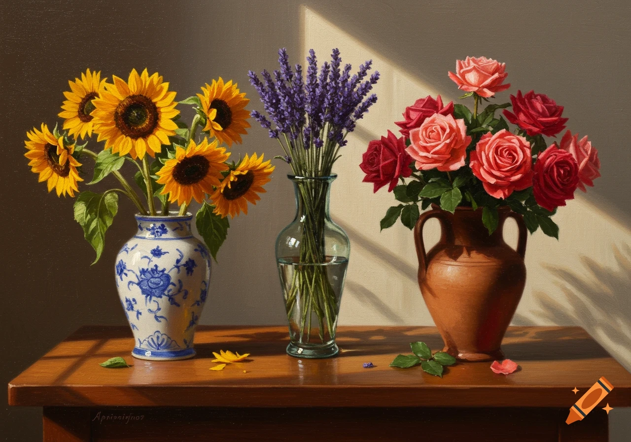 A detailed oil painting depicting three vases of flowers —sunflowers, lavender, and roses —on a wooden table with sunlight.