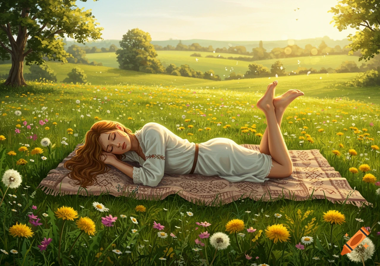 Illustrative image of a woman with red hair sleeping on a blanket in a field of wildflowers under a sunny sky.
