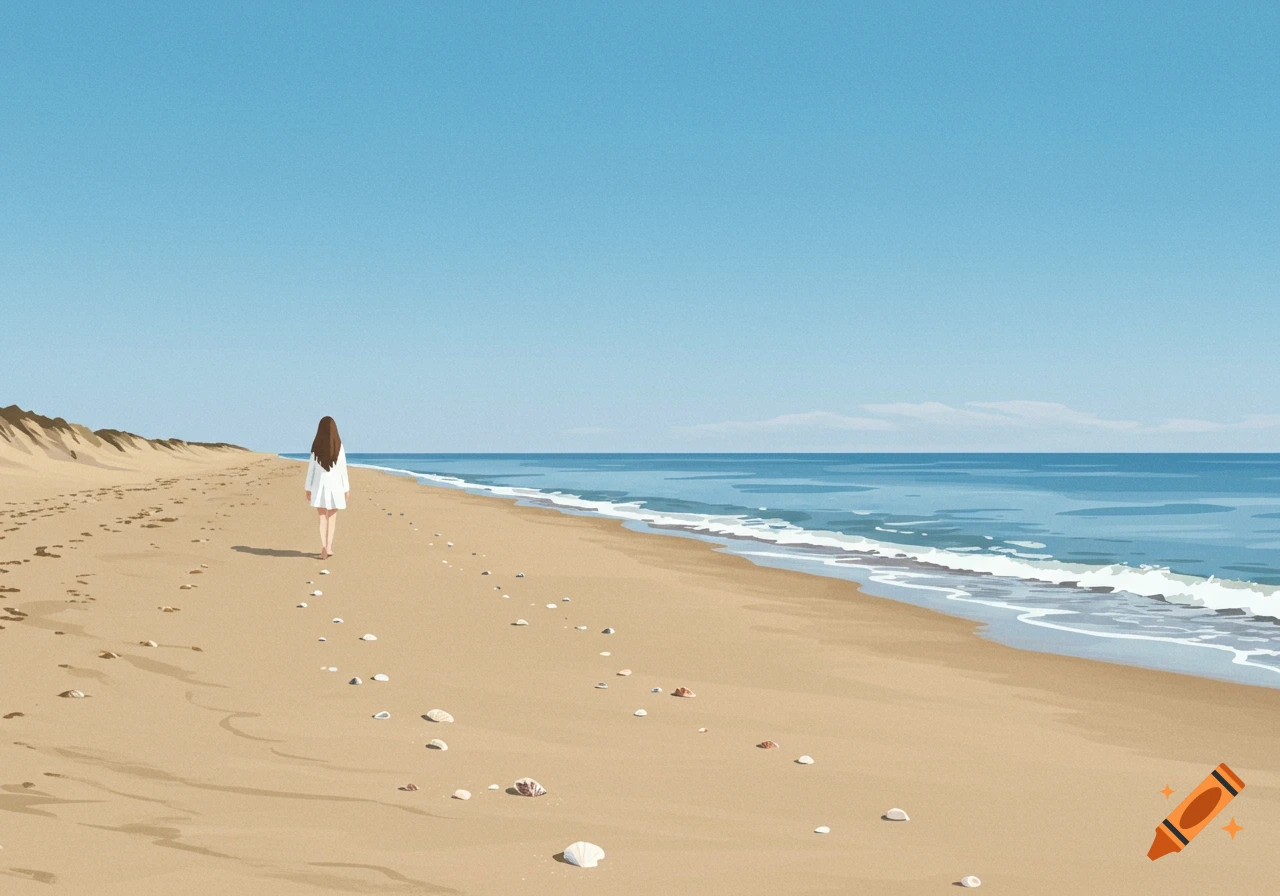 A minimalist illustration shows a woman with long brown hair walking on a sandy beach dotted with seashells, next to a calm blue sea under a clear sky.