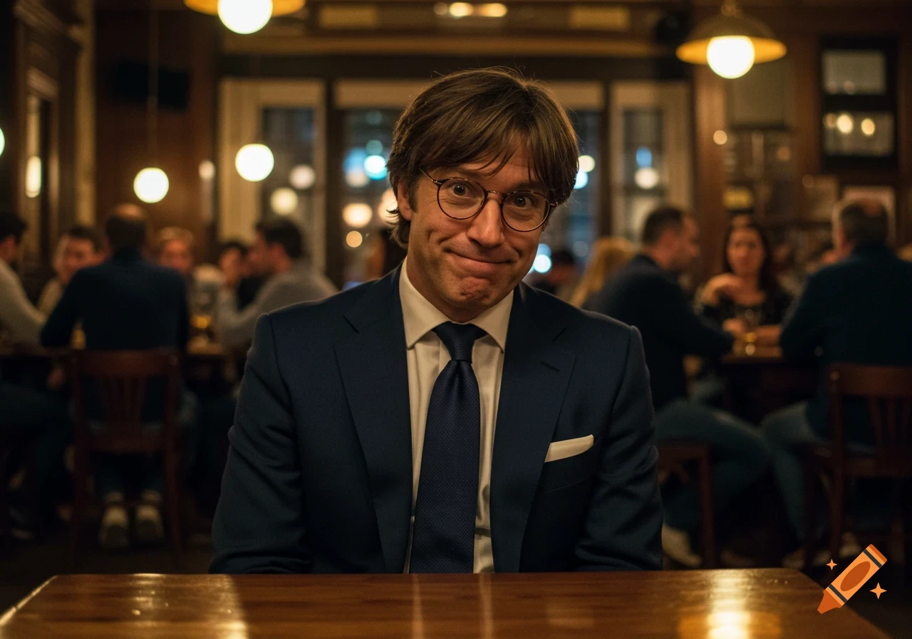 A funny-looking businessman with bangs and round glasses smirks at a pub table.