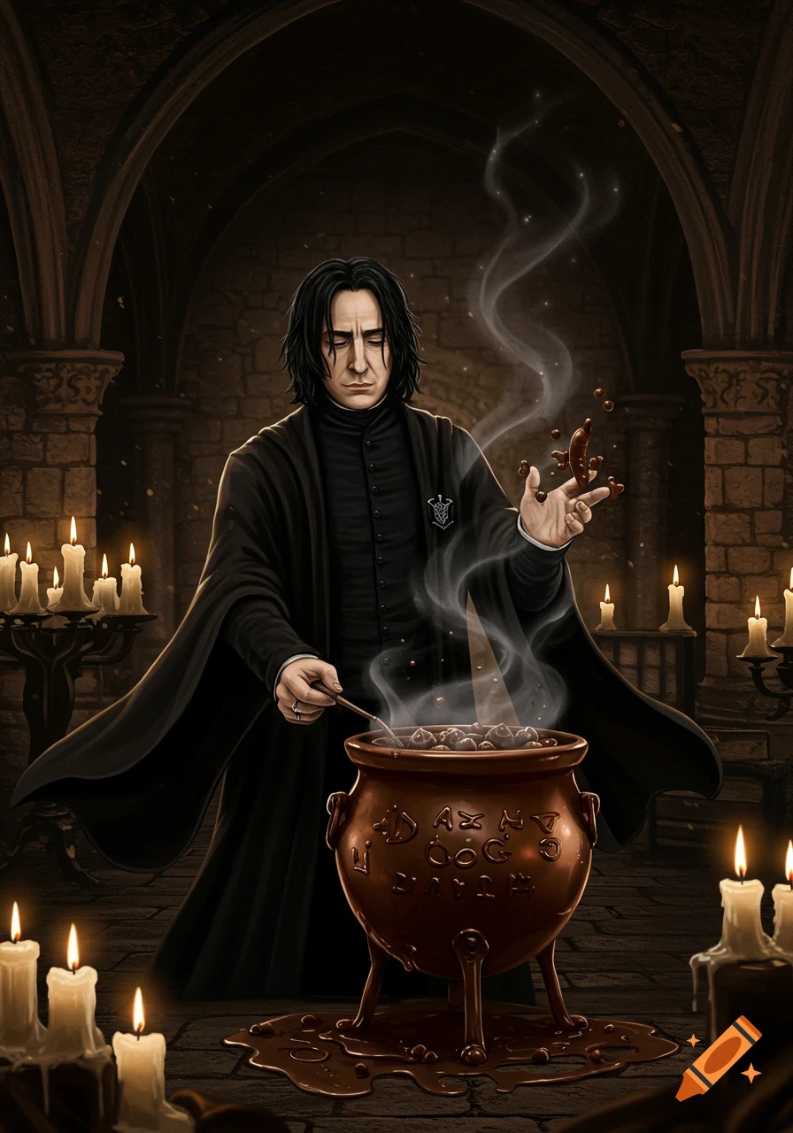 Severus Snape stirs a chocolate cauldron in a dark, candlelit gothic chamber, levitating a chocolate piece.