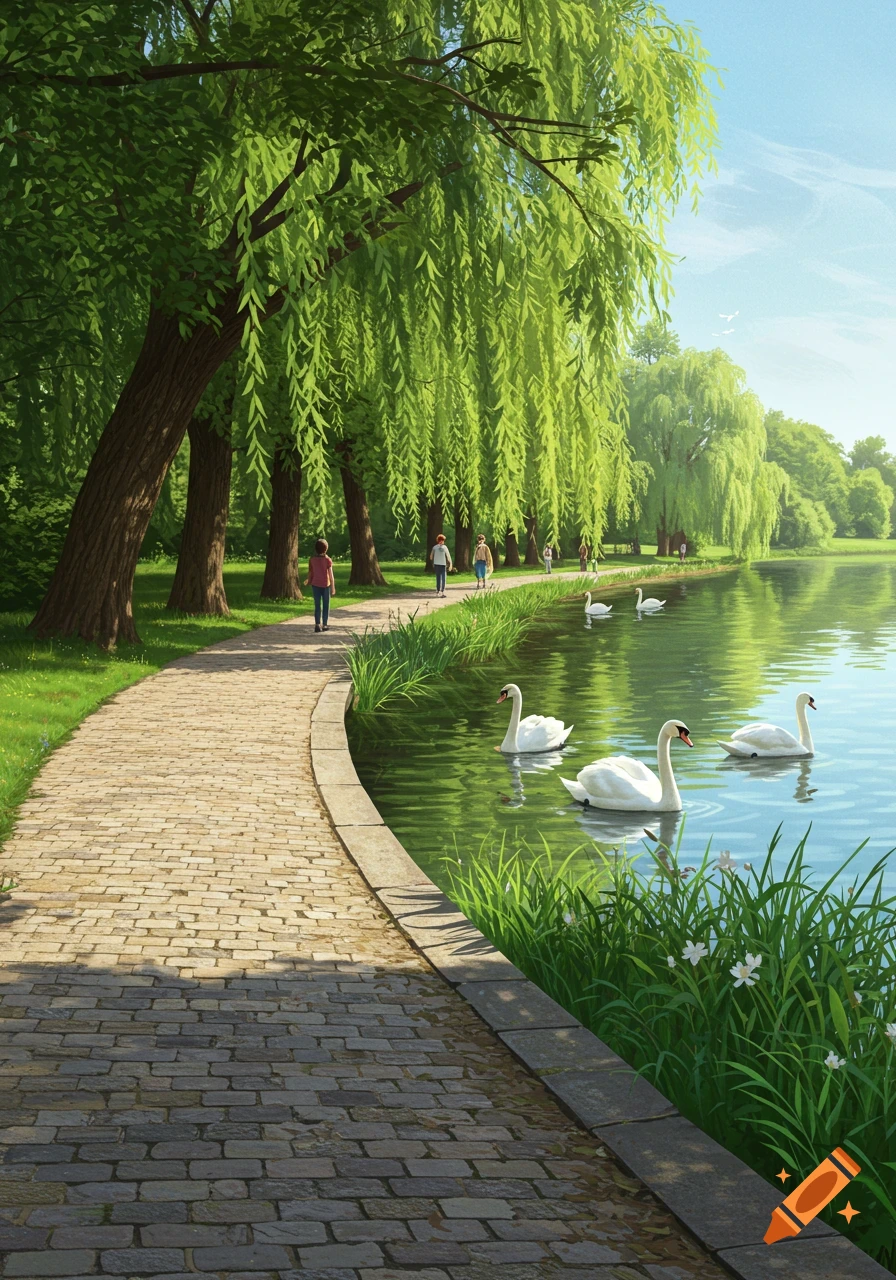 Vibrant illustration of a park with a cobbled path, weeping willows, a pond, swimming swans, and people walking.