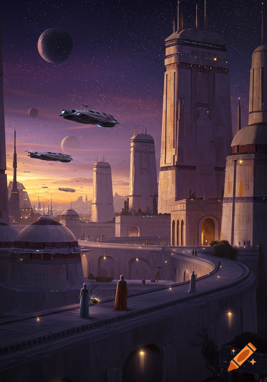 A futuristic city with ancient-inspired architecture, flying vehicles, and multiple planets in a starry purple sky at dusk.