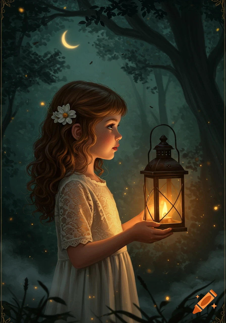 A young girl with curly hair holds a glowing lantern in a dark, enchanted forest with fireflies and a crescent moon, fantasy illustration.