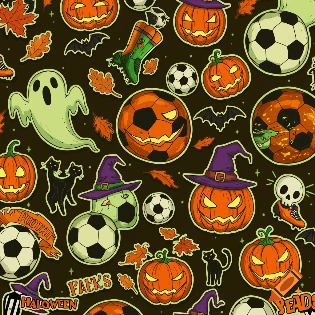 Seamless pattern of Halloween and soccer-themed stickers, including jack-o'-lanterns, ghosts, bats, black cats, soccer balls, and witch hats.