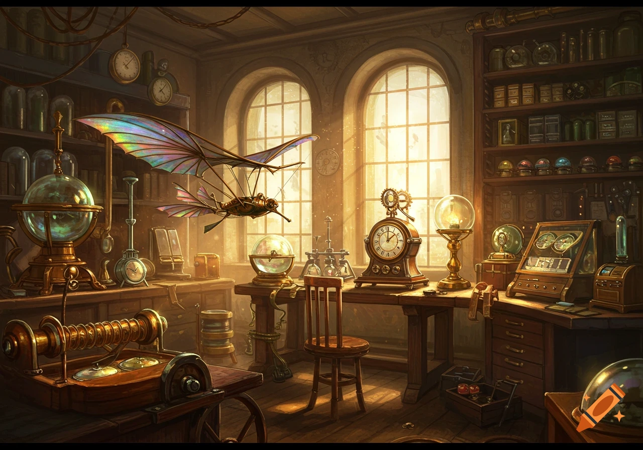 Detailed steampunk laboratory with brass inventions, scientific apparatus, and a flying machine with iridescent wings, bathed in sunlight.