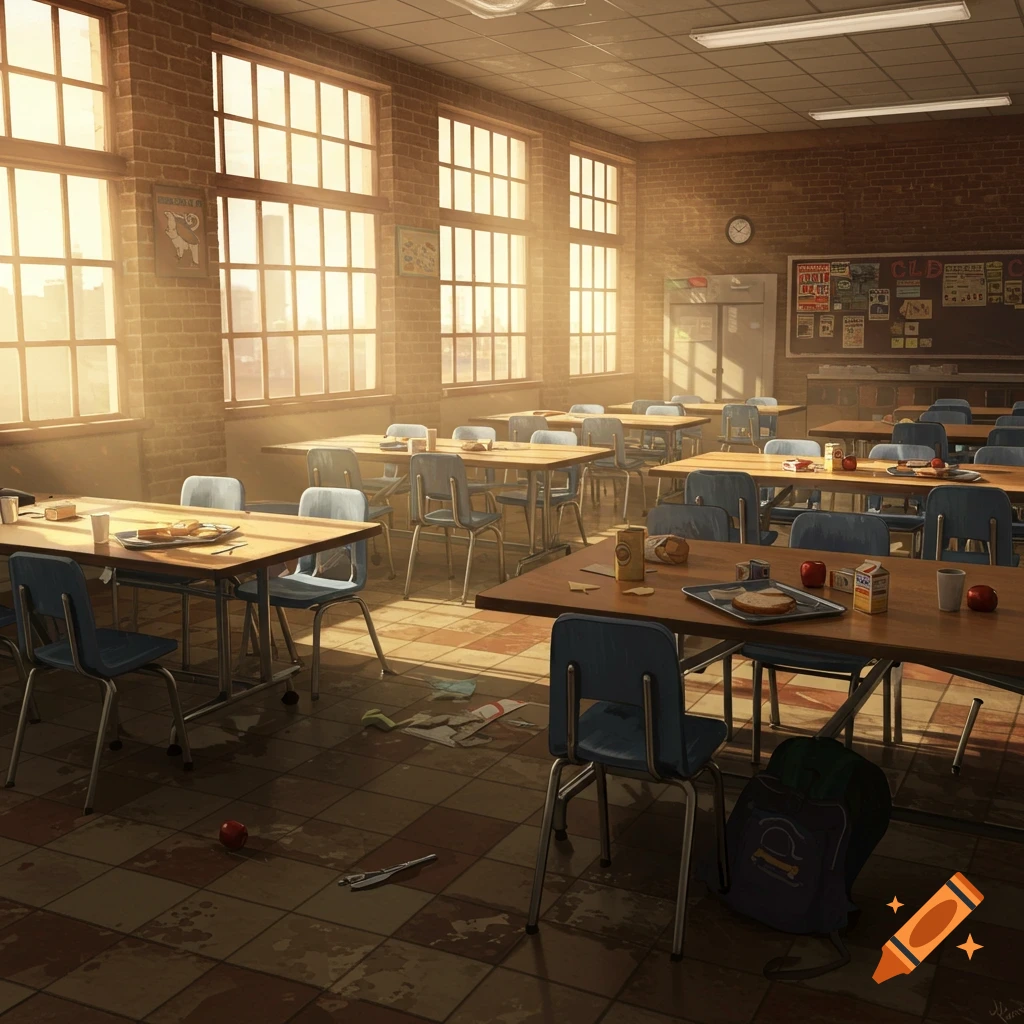 An empty, sunlit school cafeteria with rows of tables and chairs, some with leftover food trays, and trash on the tiled floor.