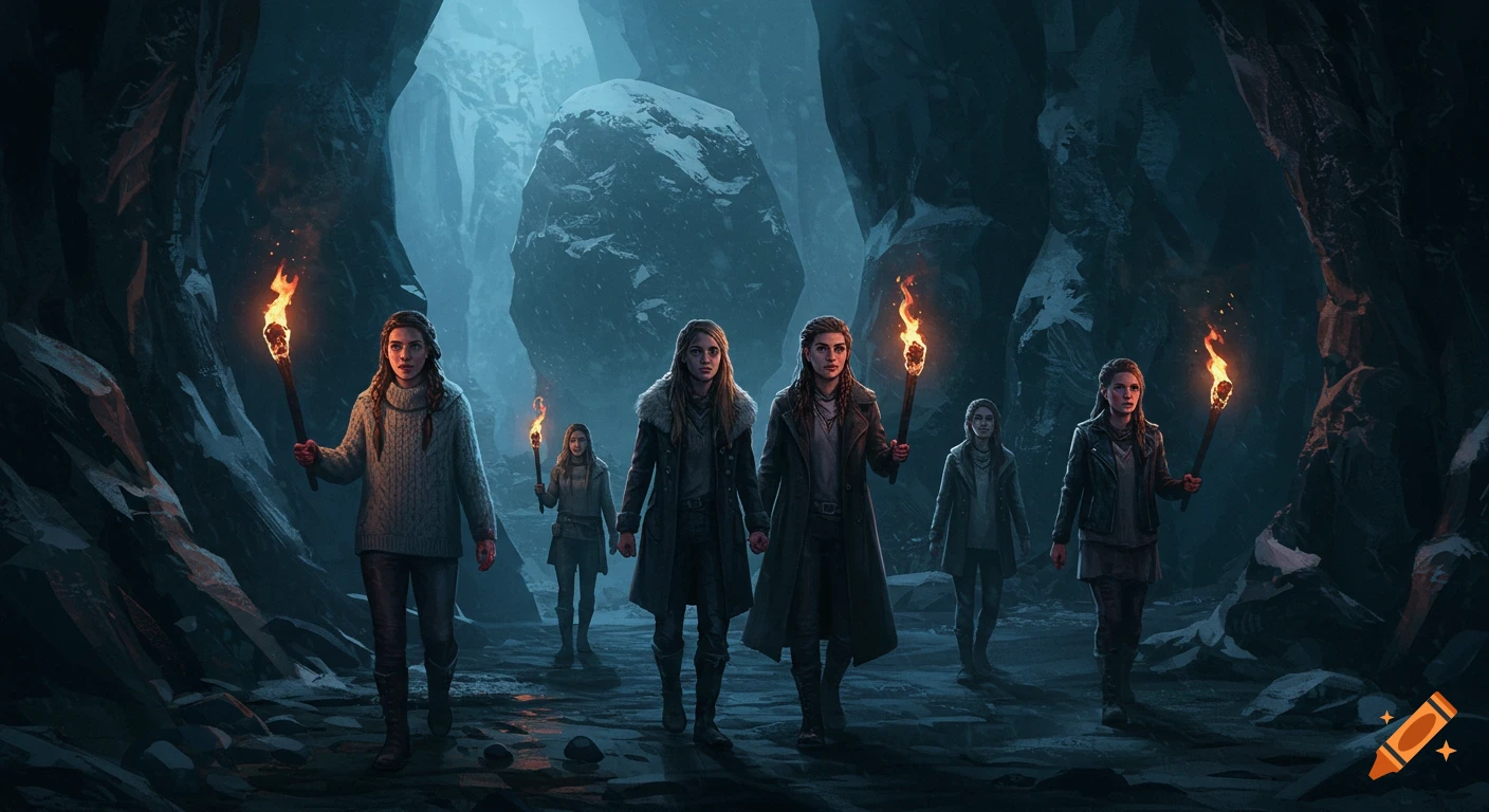 Six women holding torches walk through a dark, icy mountain cave in a fantasy style.